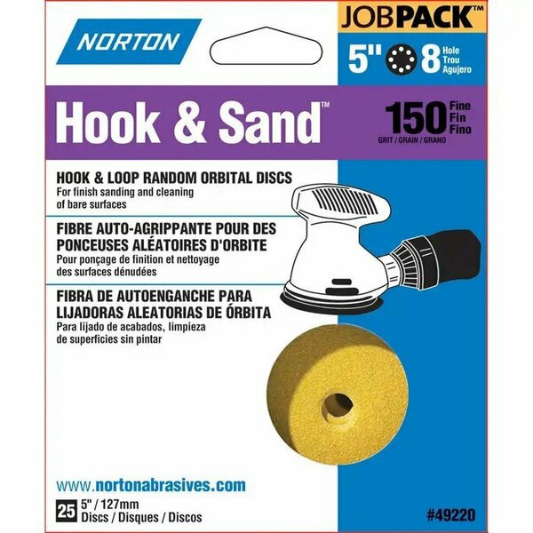 Norton Co 5" Hook & Sand 8-Hole Sanding Disc, P150-Grit, PK 25 49220